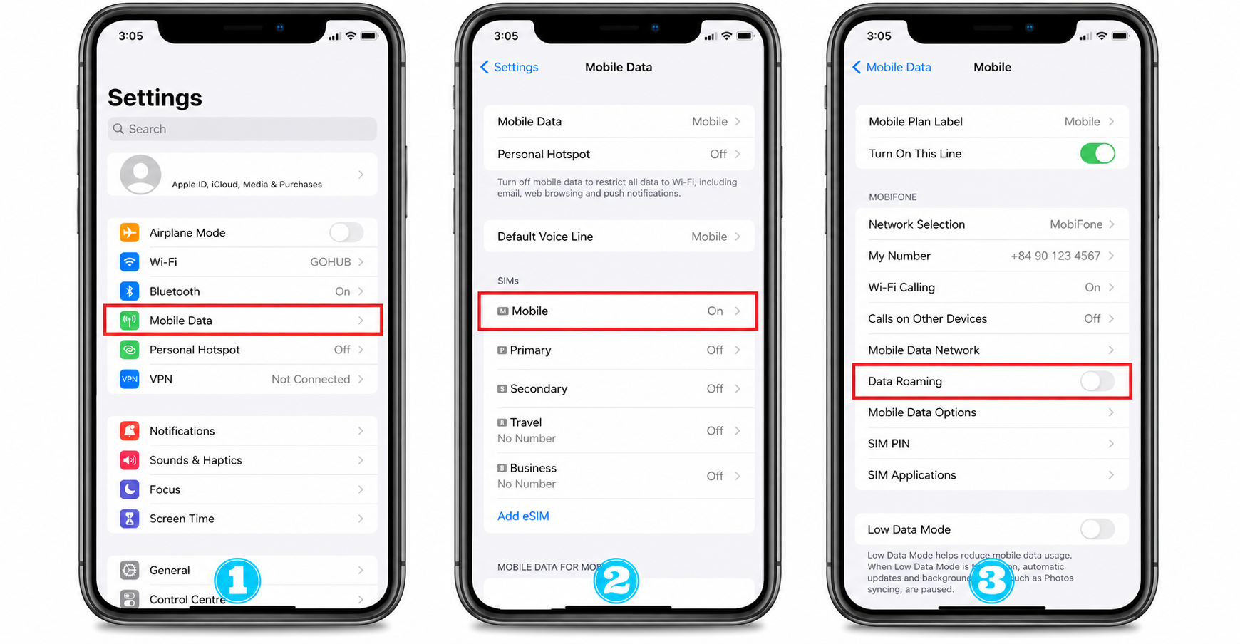 Steps to enable data roaming on iOS
